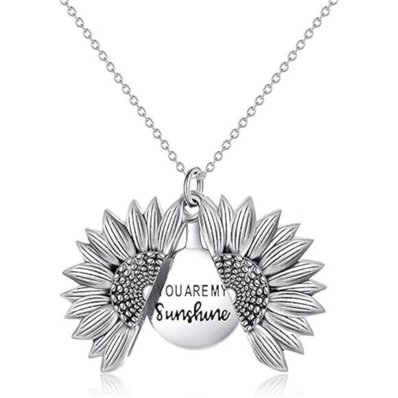 Sterling Silver Sunflower Locket Necklace You Are My Sunshine Engraved Pendant